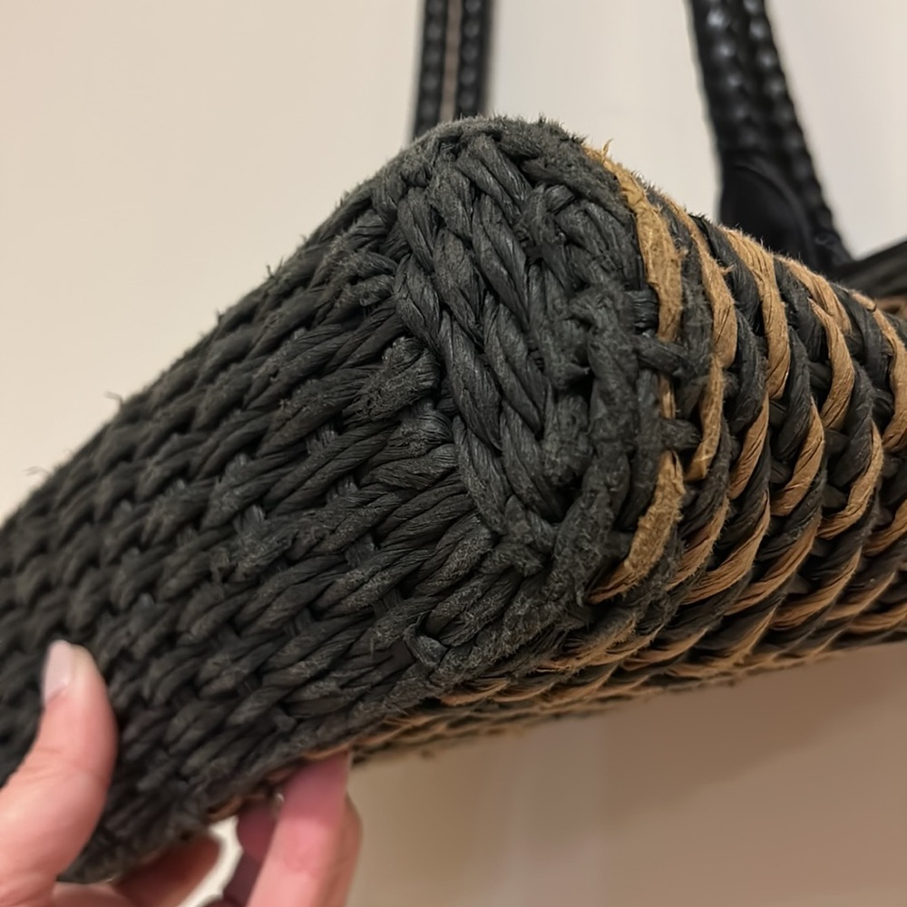 ✨ BRIGHTON ✨ Vintage Raffia Weave Straw Leather Trim Black/Brown Bucket Bag - Picture 9 of 16